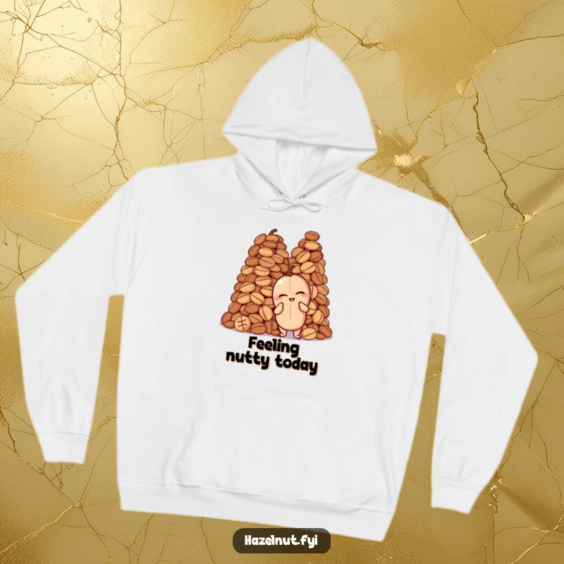 Funny hoodie depicting a winking hazelnut confidently posing next to a large pile of nuts, a cozy and amusing design.