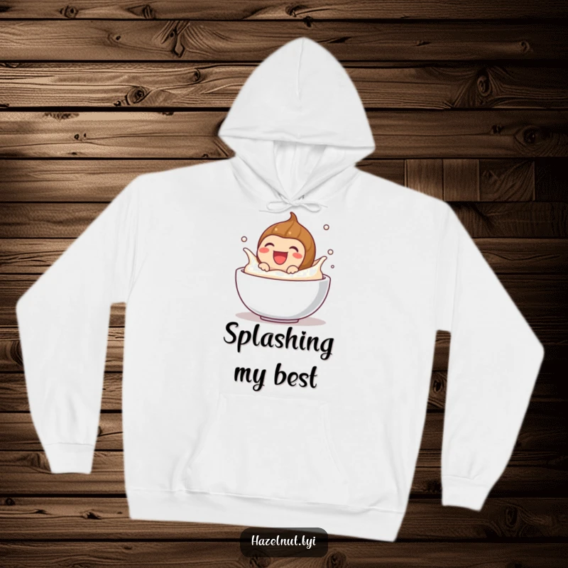 Funny hoodie featuring a laughing hazelnut splashing in cream, offering warmth and humorous delight, a perfect cozy gift.