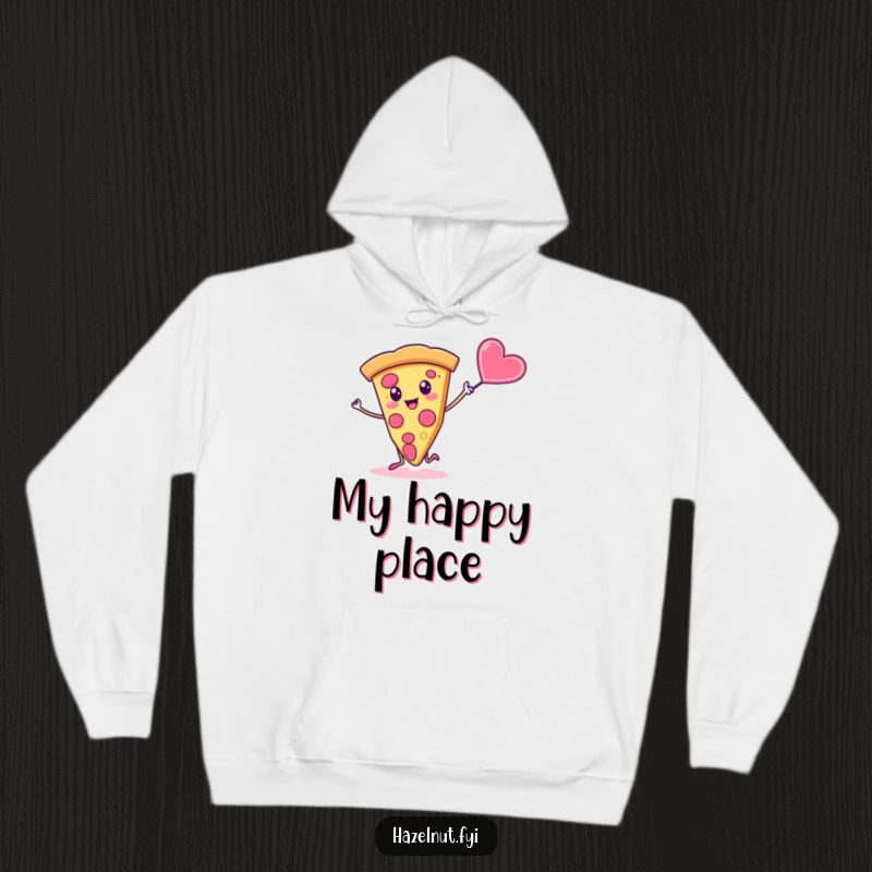 Funny hoodie depicting a silly slice of pizza dancing joyfully alongside a whimsical, flying candy heart.