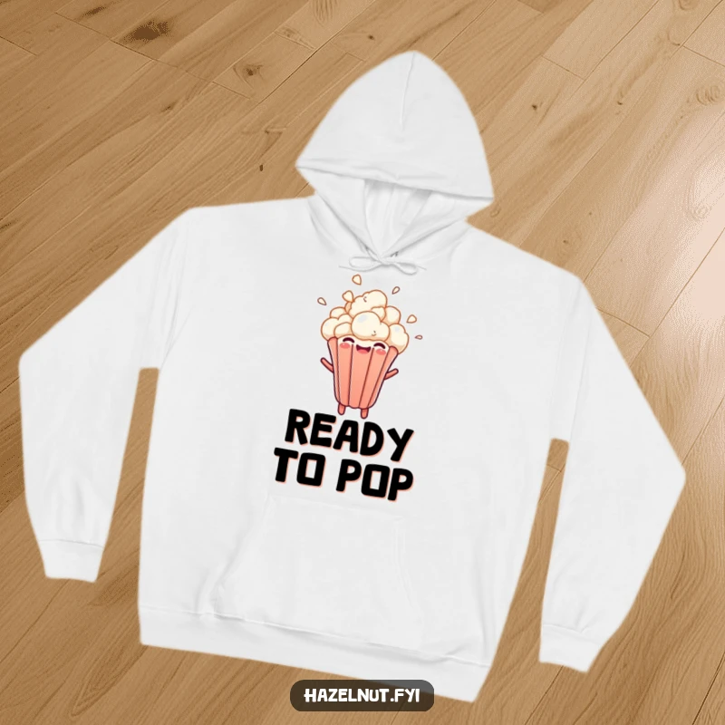 Funny hoodie depicting a joyful popcorn kernel bursting upwards with great enthusiasm and a delighted expression.