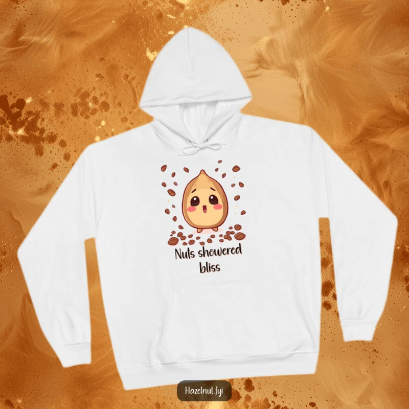 Funny Hazelnut Hoodie, depicting a shocked nut with big eyes, enjoying a rain of sparkling cacao nibs, perfect funny gift.