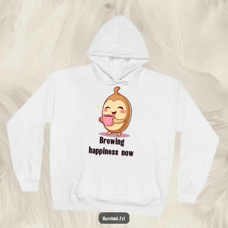 Funny Winking Hazelnut Hoodie: A cheerful character winks while holding a tiny, steaming coffee cup, ideal for cozy fun.
