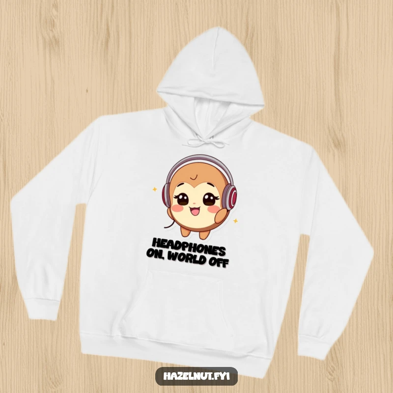 Funny Hoodie: A smiling hazelnut character wearing headphones bobs its head to music, offering warmth and a humorous musical vibe.