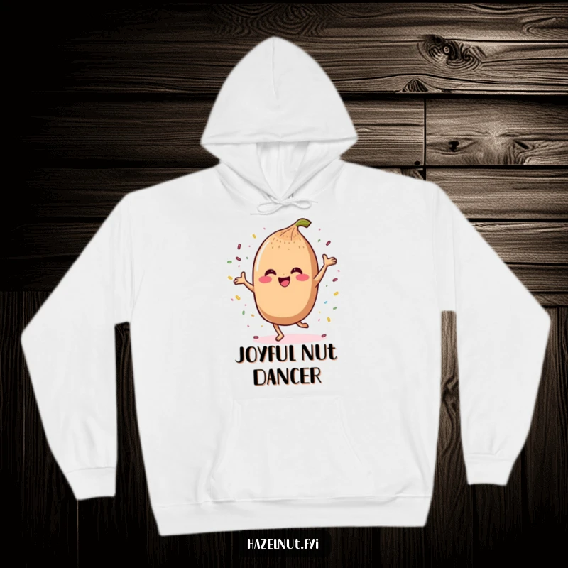 Funny hoodie featuring a happy kawaii hazelnut dancing joyfully with sprinkles, a warm and cheerful gift.