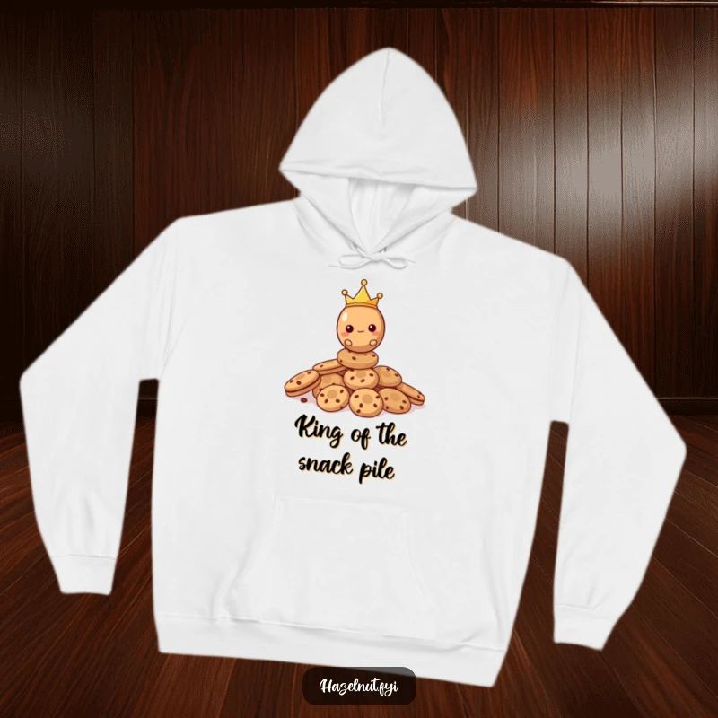 Funny Hazelnut Hoodie showing a crowned hazelnut king royally perched on a giant stack of cookies, exuding nutty charm.