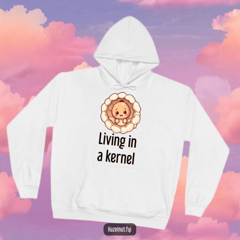 Funny hazelnut character hoodie, peeking from inside a giant popcorn kernel, warm and humorous loungewear.