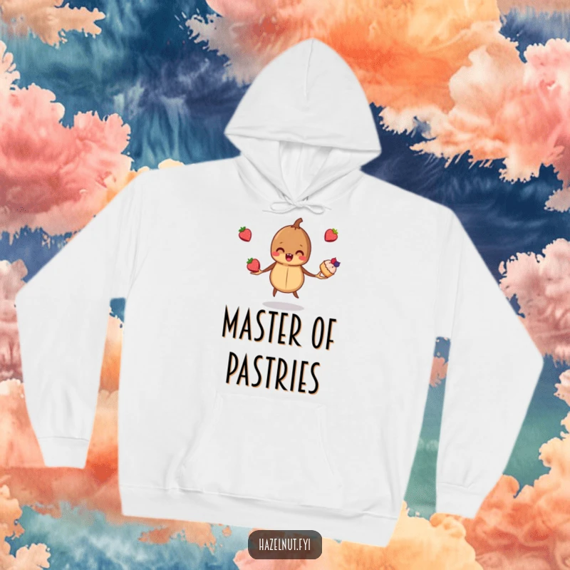Funny, mischievous hazelnut juggling three tiny berry pastries, featured on a cozy hoodie, perfect for leisurely moments and baking days.