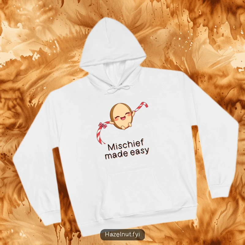 Funny Sliding Hazelnut Hoodie: A giggling character with a mischievous grin sliding down a licorice rope, ideal for cozy fun.