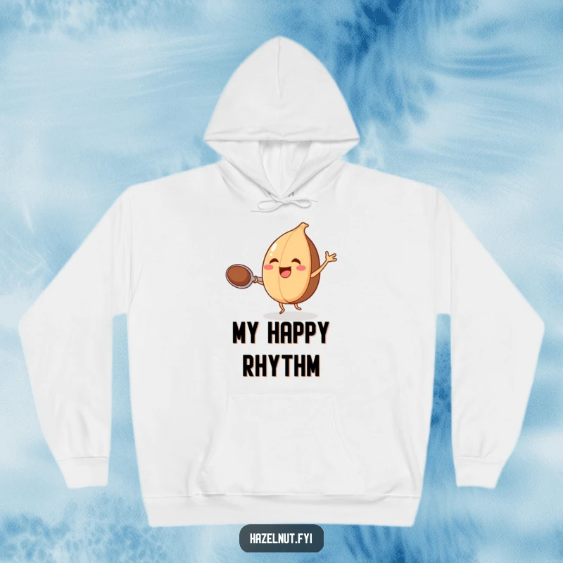Funny hoodie featuring a joyful hazelnut dancing with a spoon, cozy and perfect for kitchen enthusiasts.