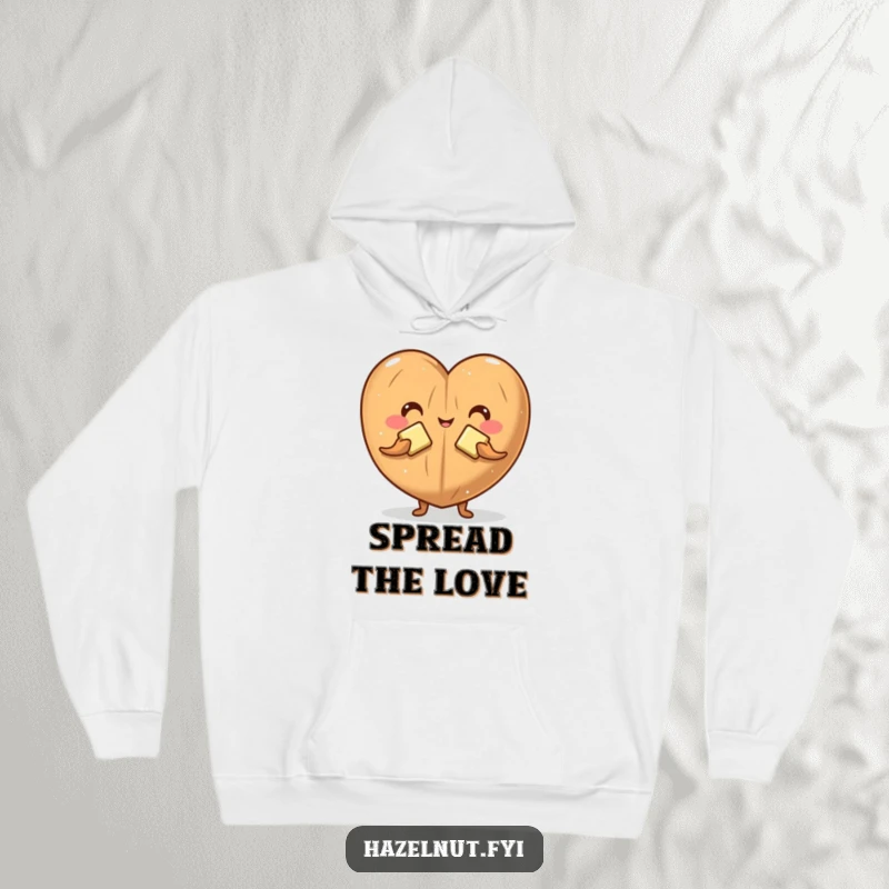 Funny hoodie featuring a delightful hazelnut character forming a heart with two butter pats, perfect for expressing affection humorously.