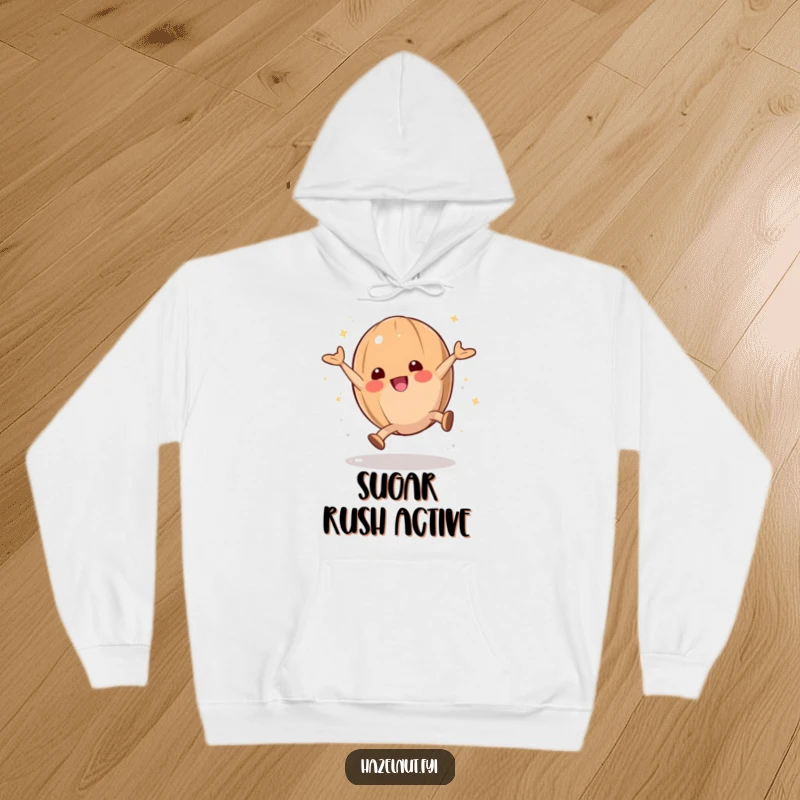 Comfortable and funny hazelnut hoodie featuring a playful character doing a cartwheel with a dusting of powdered sugar.