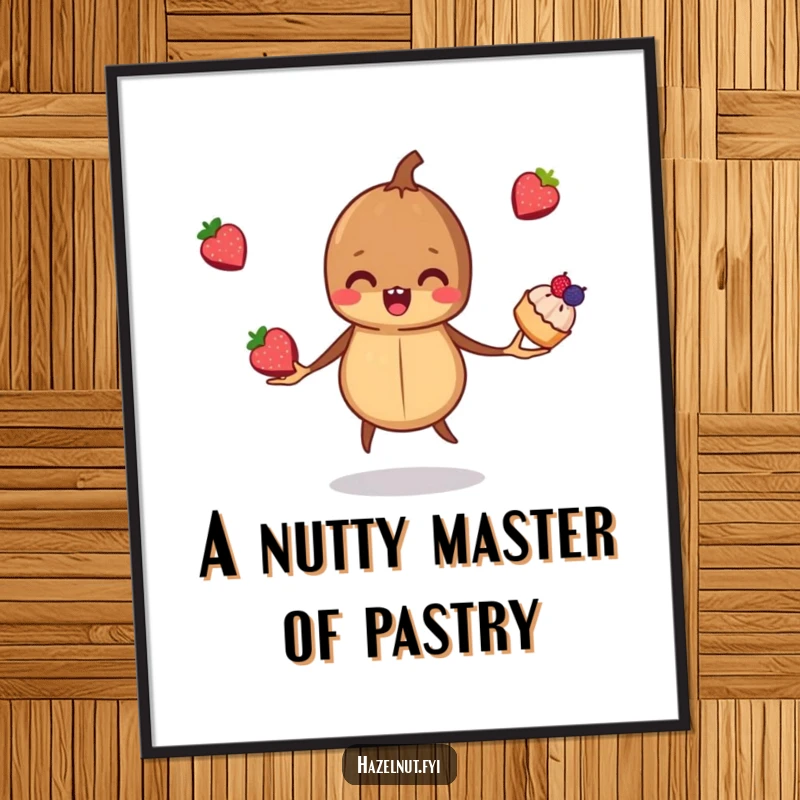 Funny Free Printable Wall Art: A sly hazelnut juggles three mini berry pastries with impressive dexterity, adding a playful vibe.
