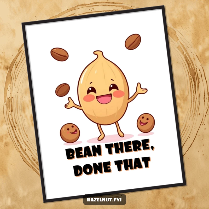 Funny Free Printable Wall Art: A cheerful hazelnut with a wide grin juggles three coffee beans, creating a lively scene.