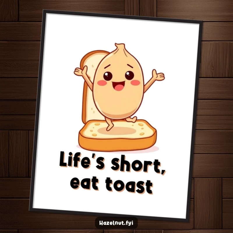 Funny Free Printable Wall Art: A happy hazelnut character exuberantly dances on a slice of toast, bringing quirky cheer.