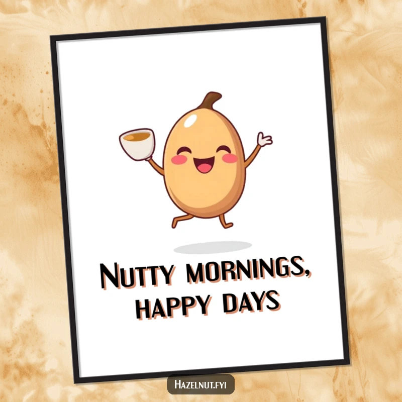 Funny Free Printable Wall Art: A smiling hazelnut with legs does a happy jig while holding a coffee cup.