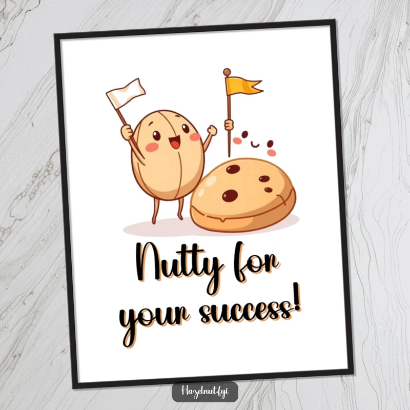 Funny Free Printable Wall Art: Two hazelnuts cheer and wave flags at a cookie, celebrating sweet achievements. Downloadable art.