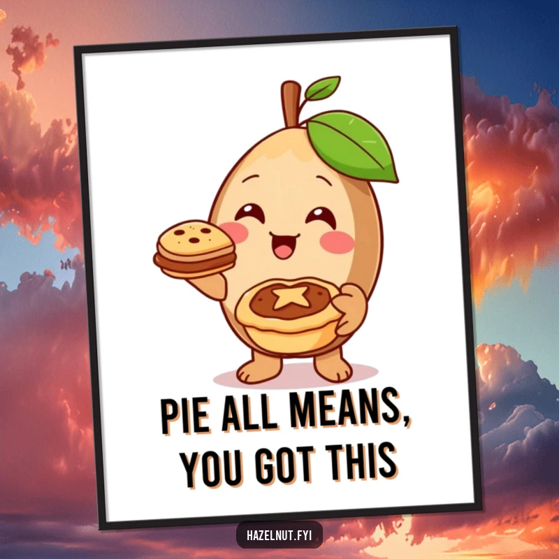 Funny Free Printable Wall Art: A cheerful hazelnut offers a miniature pie with a warm smile, radiating kindness and hospitality.