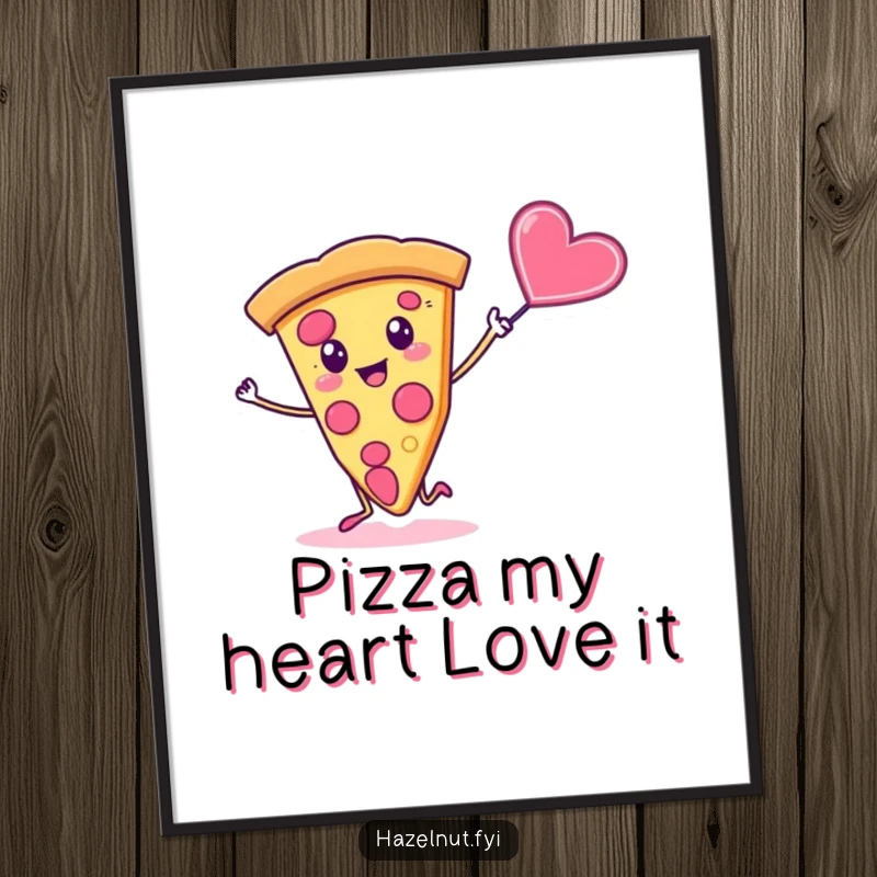 Funny Free Printable Wall Art of a silly pizza slice dancing with a flying candy heart, a vibrant downloadable artwork.