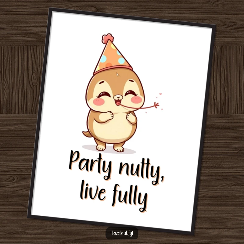 Funny Free Printable Wall Art: A giggling hazelnut in a party hat joyfully blows a tiny streamer, creating a festive vibe.