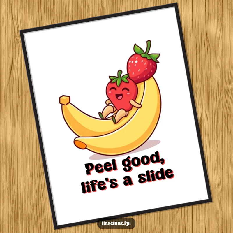 Funny Free Printable Wall Art: A giggling strawberry speeding down a banana peel slide, bringing laughter and joy to any room.