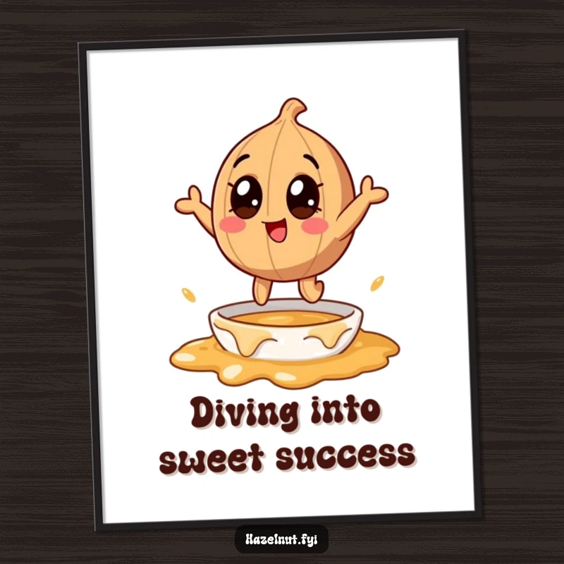 Funny free printable wall art of a hazelnut character with huge eyes leaping excitedly into a bowl of luscious melting caramel.