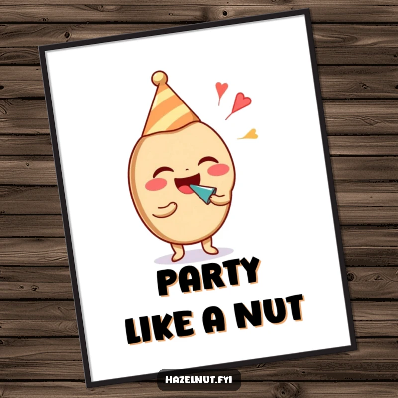 Free Printable Wall Art: A laughing hazelnut in a party hat blows a noisemaker, creating a humorous and festive poster.