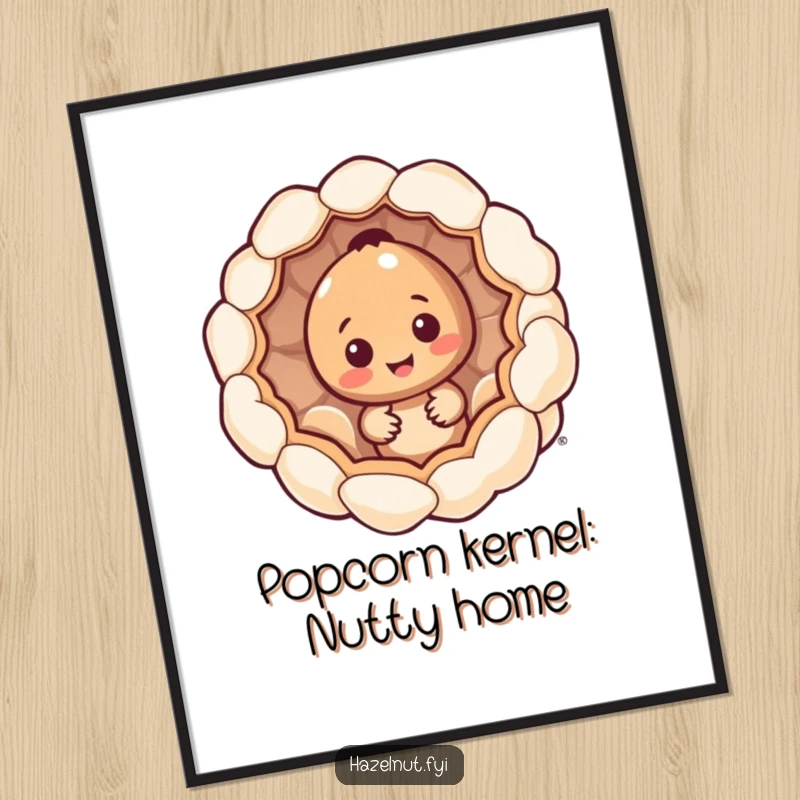 Funny Free Printable Wall Art: A charming hazelnut character peeks out from the cozy interior of a giant, hollowed-out popcorn kernel.