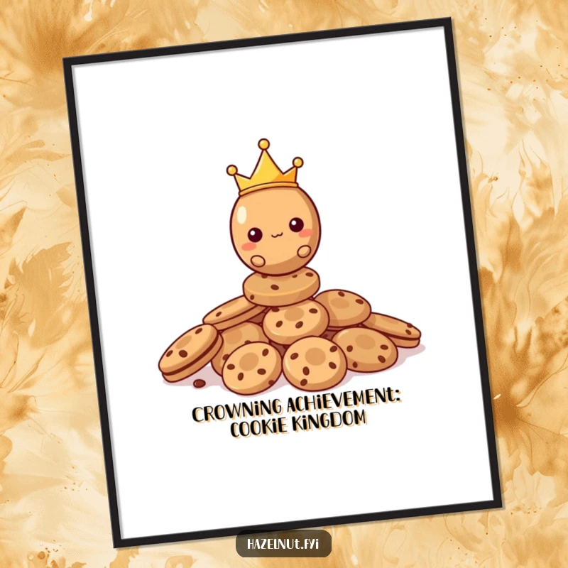 Funny Free Printable Wall Art: A hazelnut wearing a tiny crown, balancing on a pile of cookies