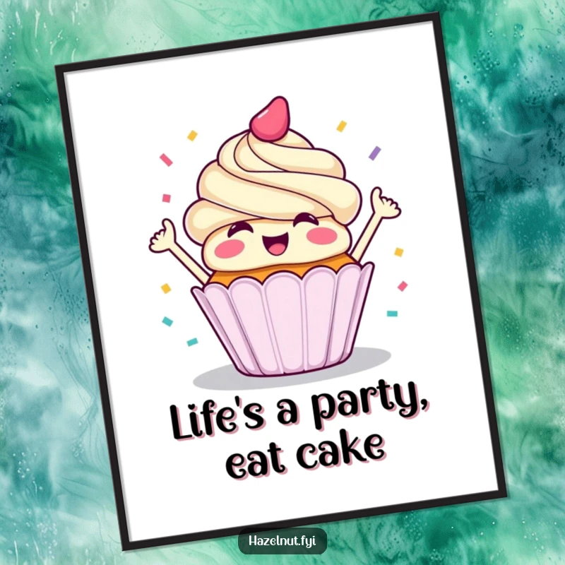 Funny Free Printable Wall Art: A happy cupcake with a wide smile, throwing a shower of confetti, perfect for a party atmosphere.