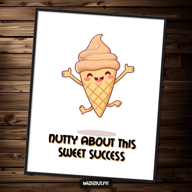 Funny Free Printable Wall Art: Adorable Hazelnut Ice Cream Cone with Tiny Legs Performing a Joyful Leap