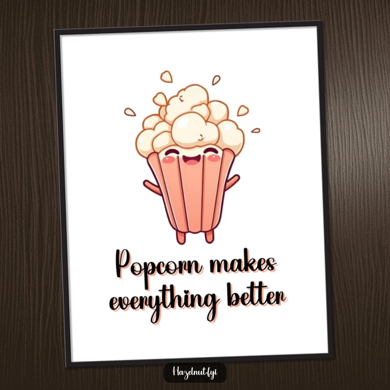 Funny Free Printable Wall Art of a cheerful popcorn kernel bursting upwards with a delighted expression, a dynamic and humorous art piece.
