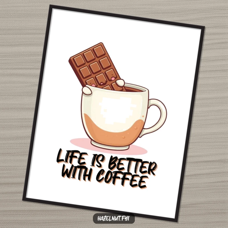 Funny Free Printable Wall Art depicting a blushing chocolate bar leaping enthusiastically into a giant mug of coffee, a humorous piece of art.