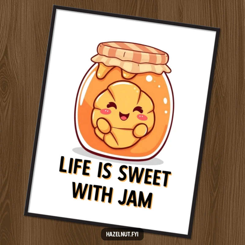 Funny Free Printable Wall Art of a smiling croissant playfully peeking from the top of a giant jam jar, a delightful and quirky art piece.