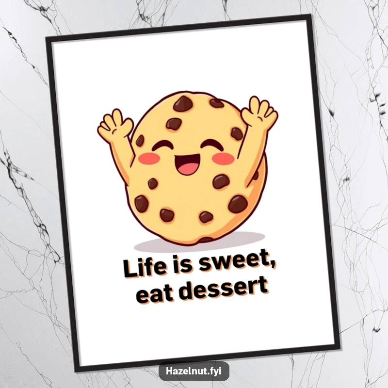 Funny Free Printable Wall Art: A chocolate chip cookie caught mid-giggle with arms raised in ecstatic delight.