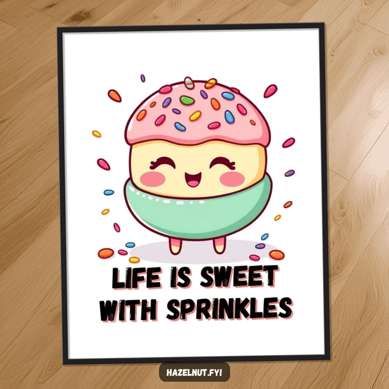 Funny Free Printable Wall Art of a happy macaroon giggling while juggling a cascade of colorful candy sprinkles, a delightful piece of art.