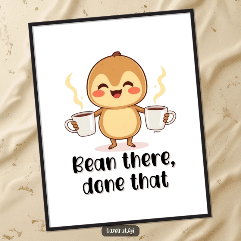 Funny Free Printable Wall Art: A cheerful hazelnut gleefully juggles three steaming coffee cups, adding humor to your decor.