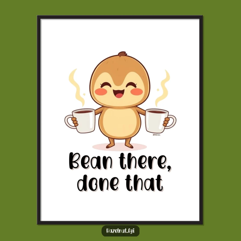 Funny Free Printable Wall Art: Hazelnut Juggling Coffee Cups, Humorous Downloadable Decor Gift