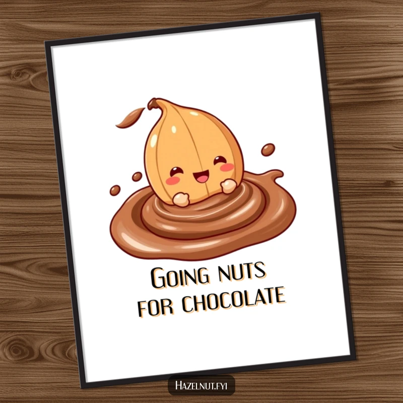 Funny Free Printable Wall Art: A cheerful hazelnut character happily submerges itself in a creamy chocolate swirl.