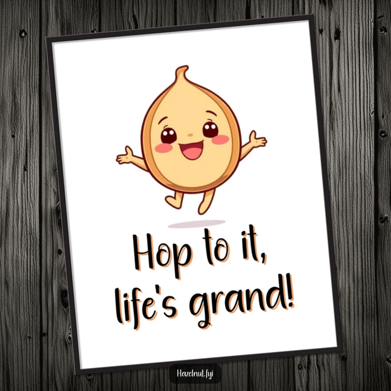 Funny Free Printable Wall Art: A wide-grinning hazelnut character captured mid-leap in pure, unadulterated joy.