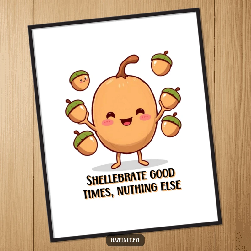 Funny Free Printable Wall Art: A grinning hazelnut with tiny arms impressively juggles three acorns, a quirky addition.