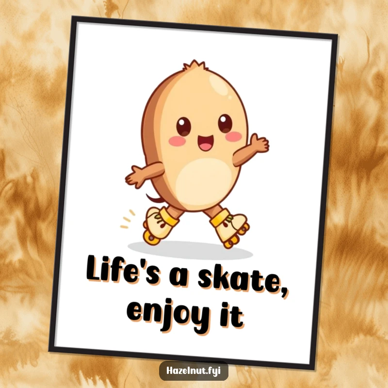 Funny Free Printable Wall Art: Cheerful anthropomorphic hazelnut wearing tiny roller skates zipping around, energetic downloadable decor.