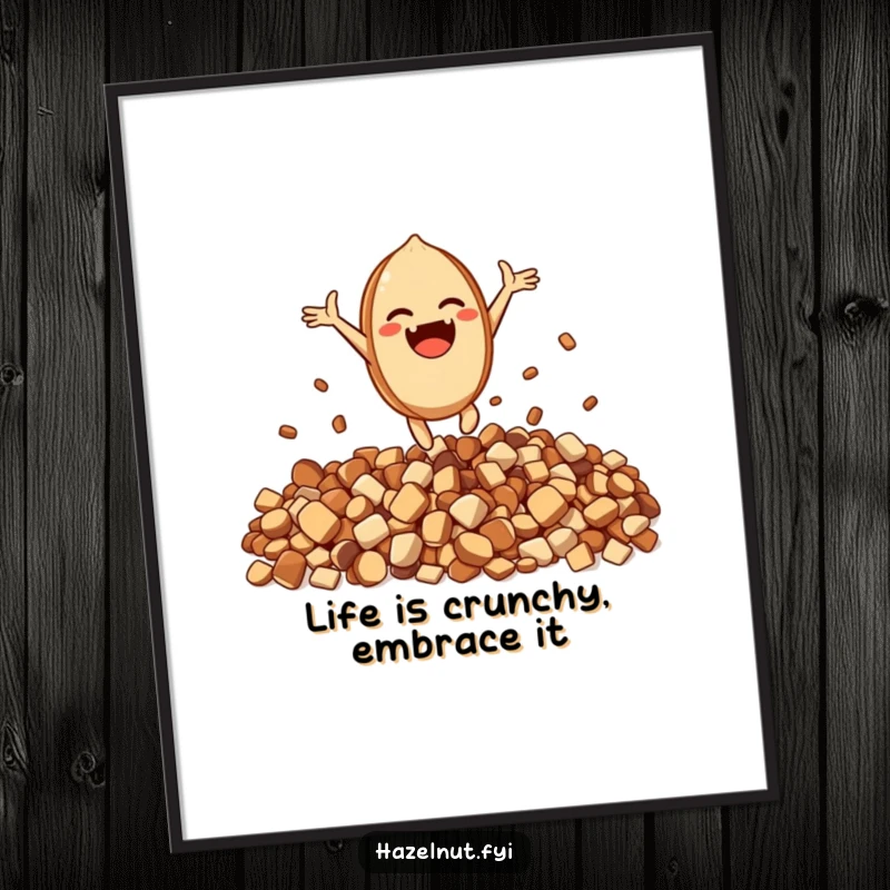 Funny Free Printable Wall Art: An excited hazelnut character leaps with joy from a pile of crunchy bits, full of vibrant energy.