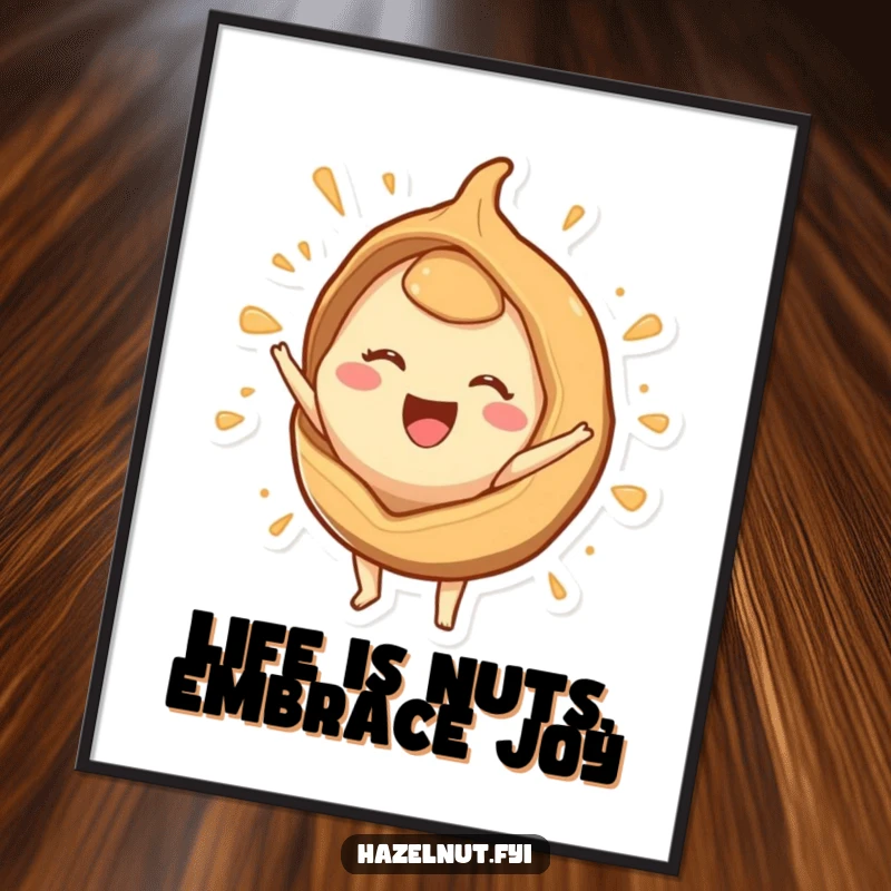 Funny Free Printable Wall Art: A joyous hazelnut character bursting triumphantly from a stylized shell, creating dynamic decor.