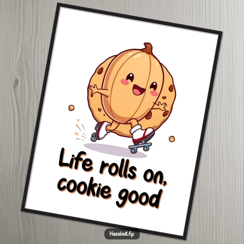 Funny Free Printable Wall Art: Hazelnut on roller skates gleefully zipping around a giant cookie, showcasing speed and joy.