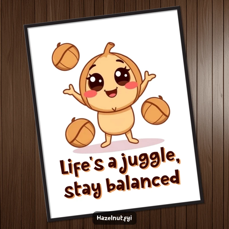 Funny Free Printable Wall Art: A smiling hazelnut character with big eyes playfully juggling three smaller hazelnuts, bringing fun.