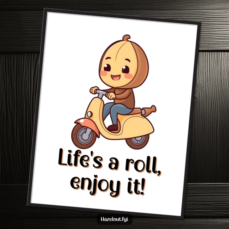 Funny Free Printable Wall Art: A joyful hazelnut rides a giant rolling pin like a scooter, bringing quirky charm. Downloadable art.