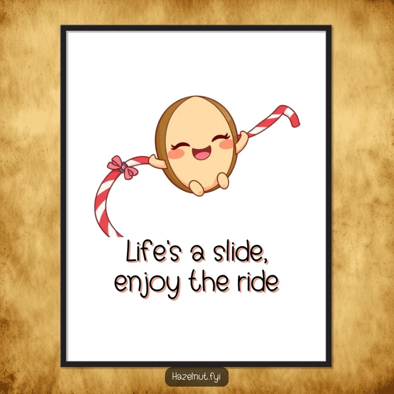 Funny Free Printable Wall Art: A giggling hazelnut character with a mischievous grin sliding down a licorice rope, full of playful energy.