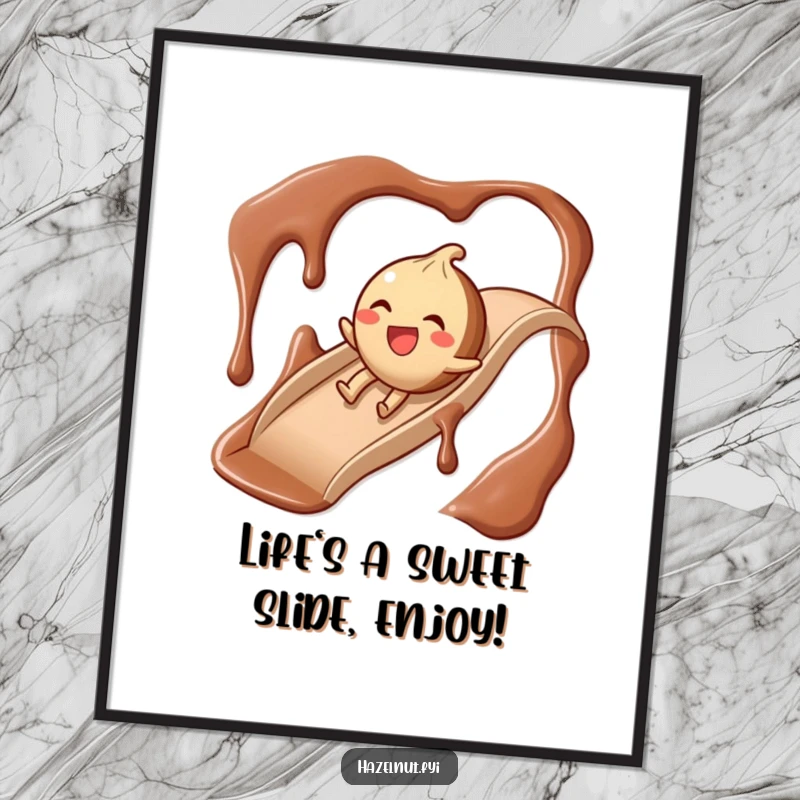 Funny Free Printable Wall Art: A giggling hazelnut character slides down a glossy, inviting chocolate syrup slide.