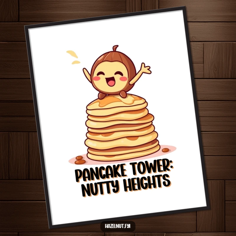Funny Free Printable Wall Art: A playful hazelnut character strikes a grand, dramatic pose on top of an impressively tall stack of pancakes.