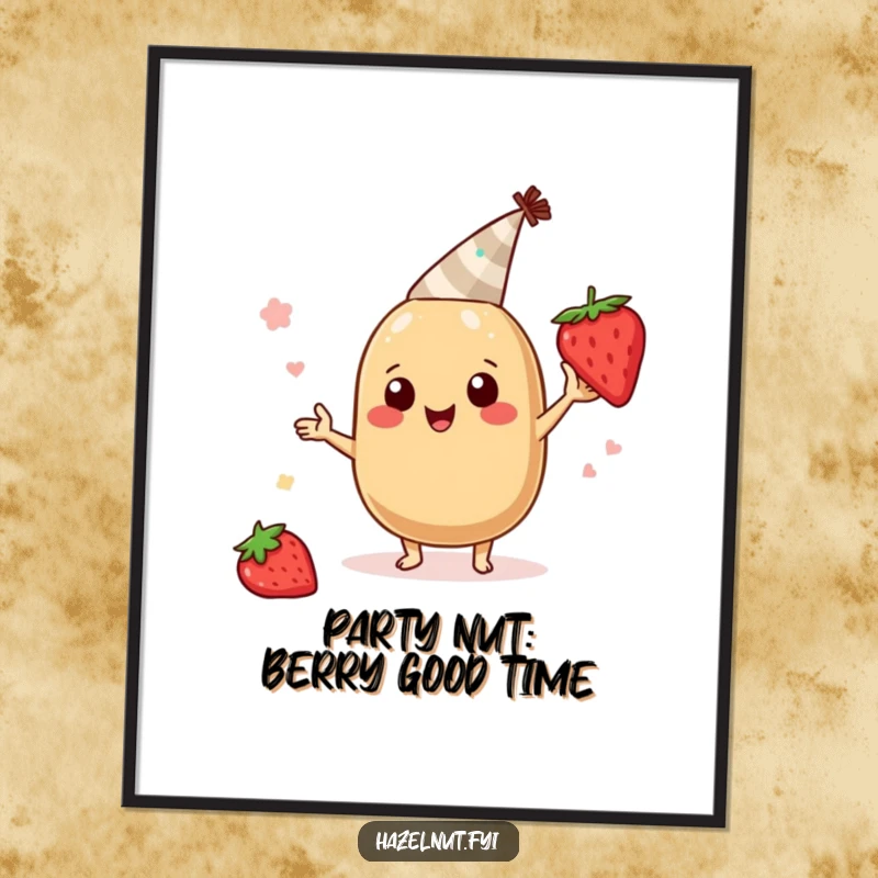 Funny Free Printable Wall Art: A cheerful hazelnut character wearing a tiny party hat energetically boogies with a strawberry slice.